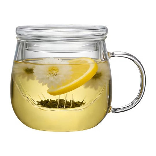 Taza Vidrio Redonda con Infusor y Tapa